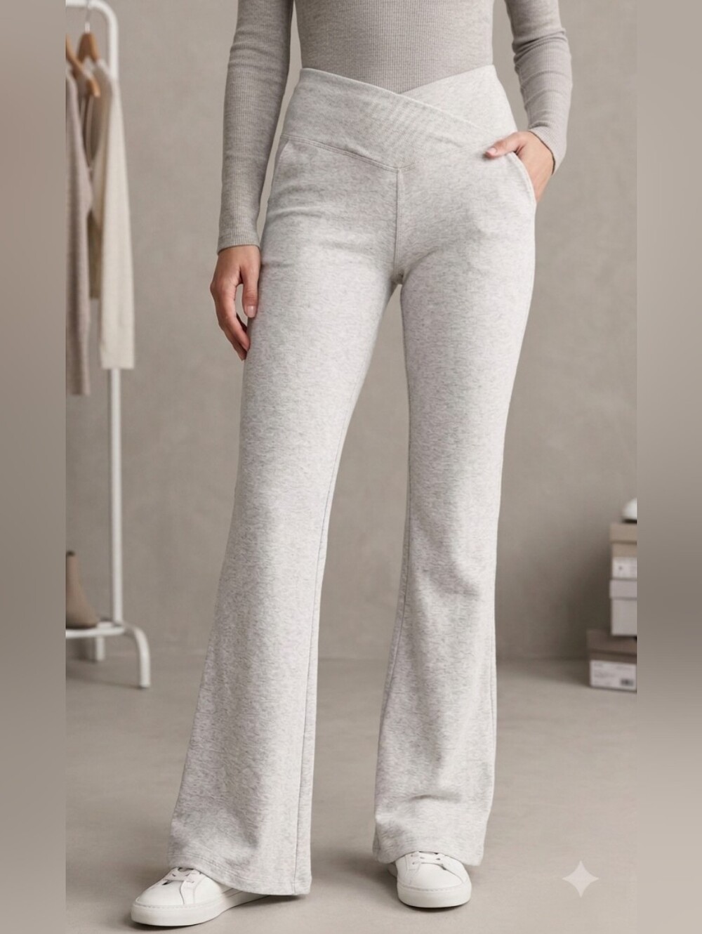 5 For $25✨️ Womens Extra Small Grey V Waist Grey Knit Wide Leg Yoga Loungr Pants